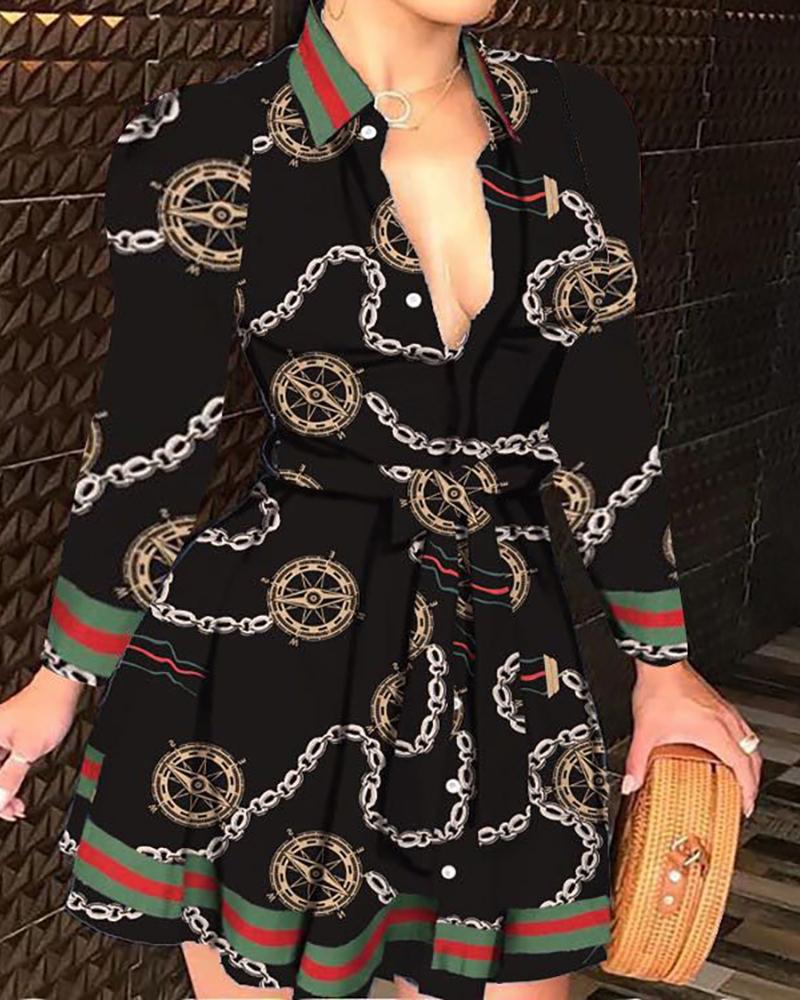 

Mixed Print Buttoned Long Sleeve Ruffles Dress, Style5