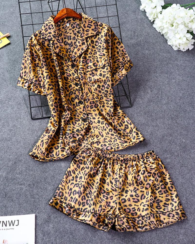 

Floral Print Pocket Design Pajamas Set, Leopard