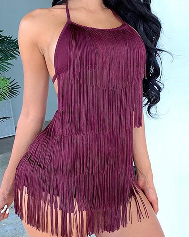 

Tassel Detail Halter Neck Backless Dress, Purple