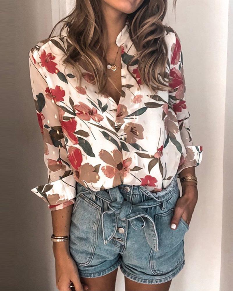

Floral Print Long Sleeve Casual Loose Shirt