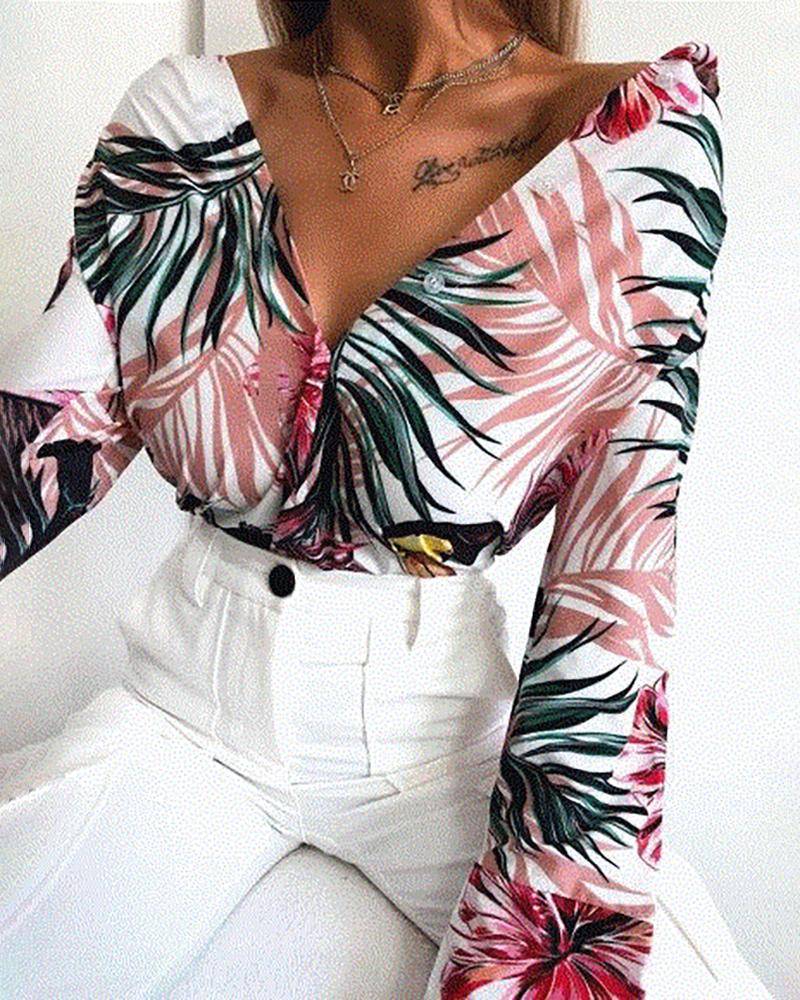 

Plant Print Long Sleeve Top, Multicolor