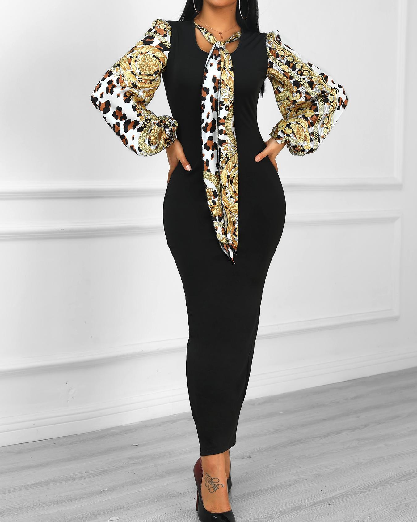 

Print Lantern Sleeve Tie Neck Dress, Black