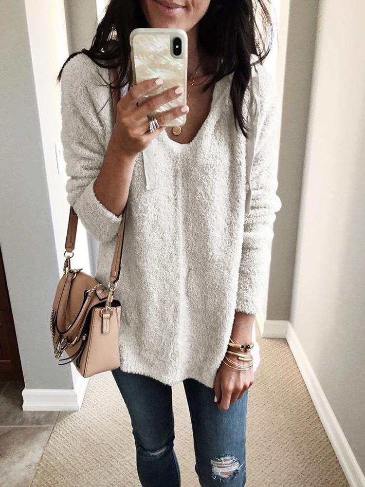 

Solid Fluffy Hooded Long Sleeve Sweatshirt