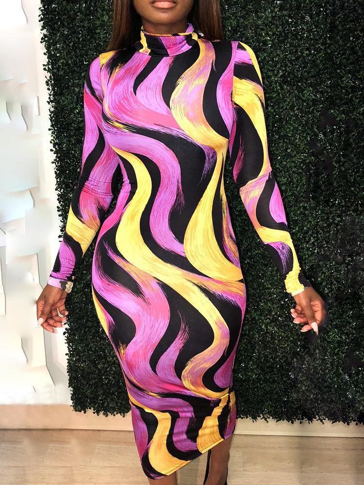 

Abstract Print High Neck Bodycon Dress, Purple
