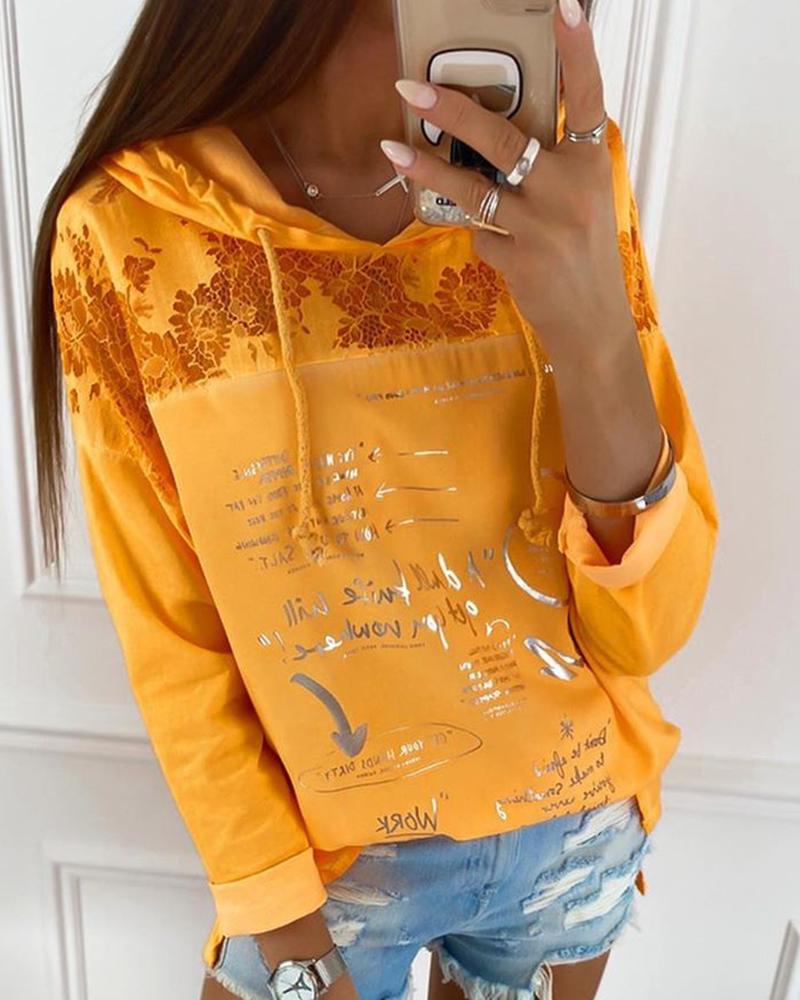 

Crochet Lace Long Sleeve Hooded Sweatshirt, Yellow