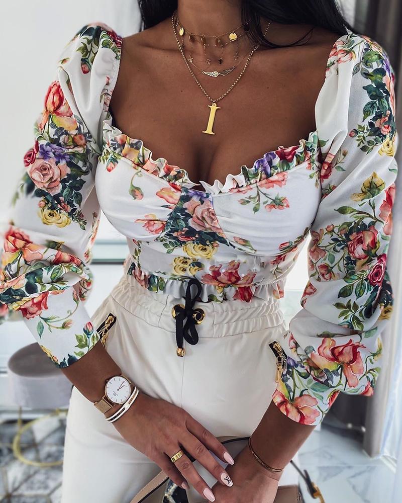 

Square Neck Floral Print Top, White