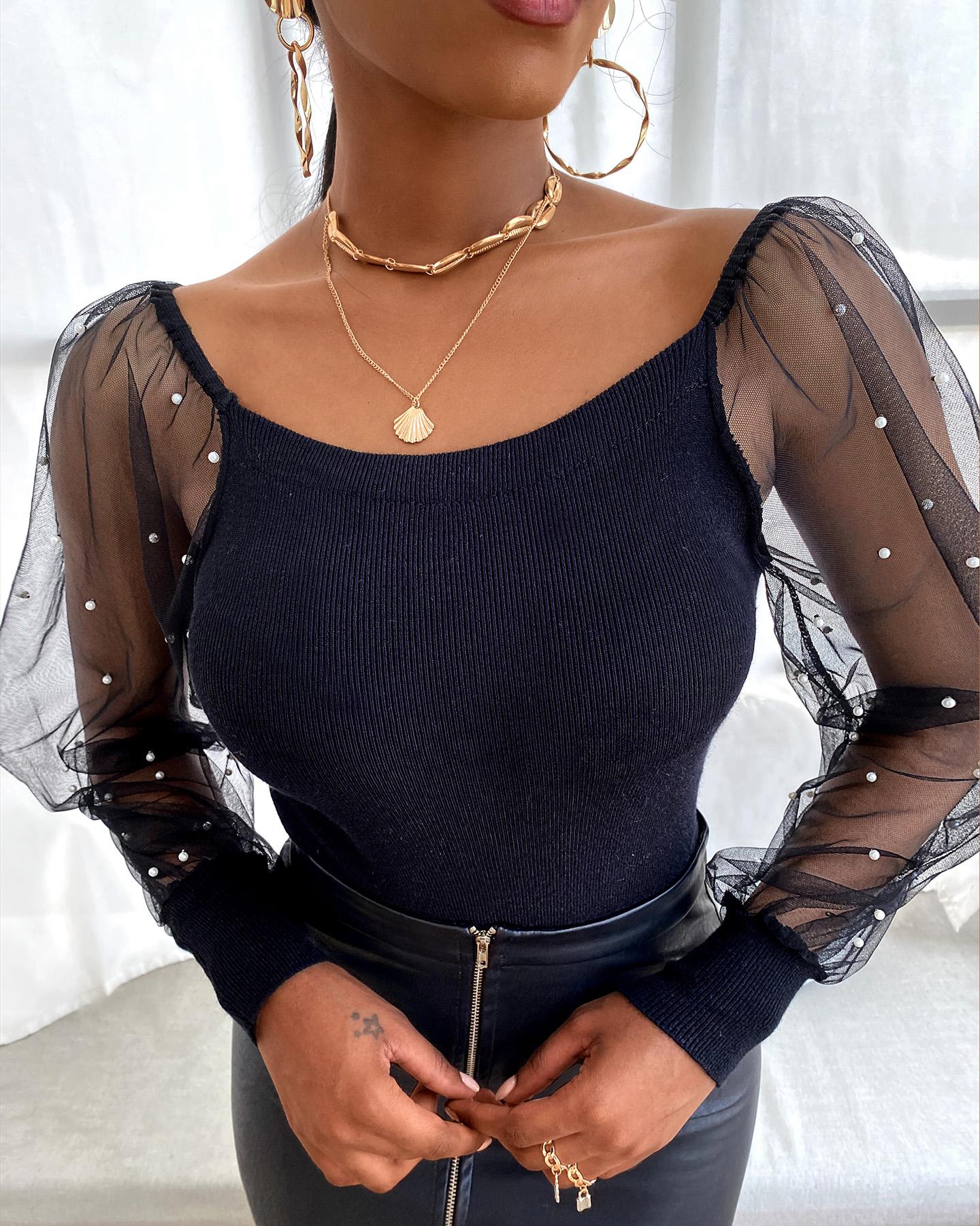 

Beaded Sheer Mesh Sleeve Casual Top, Black