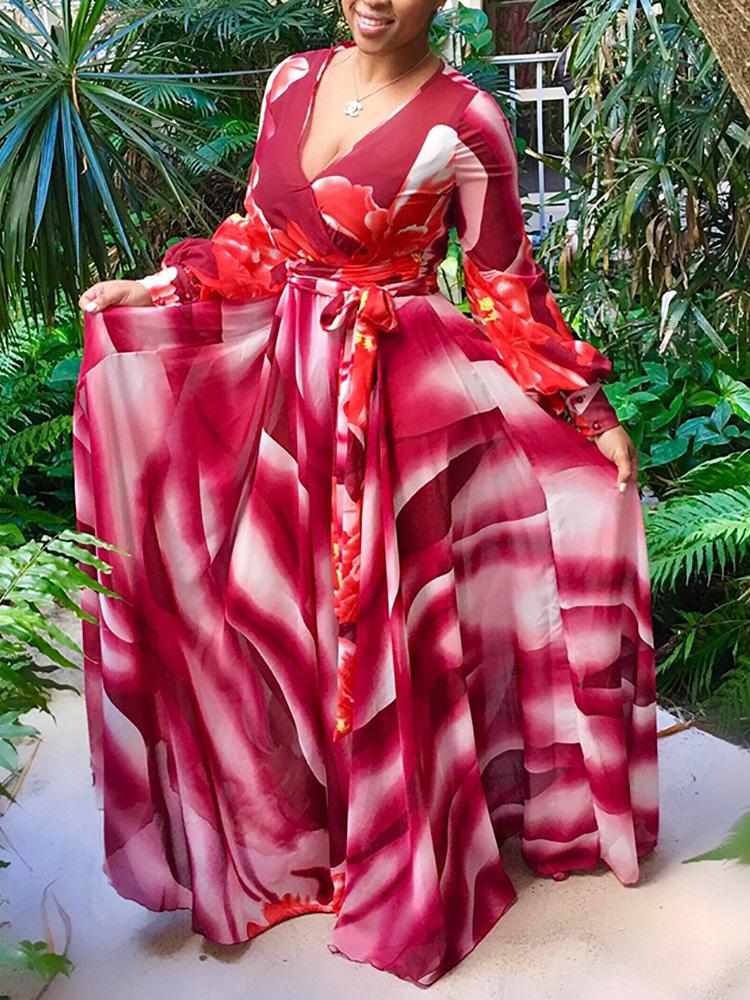 

Stylish Digital Print Swinging Tied Waist Maxi Wrap Dress, Red