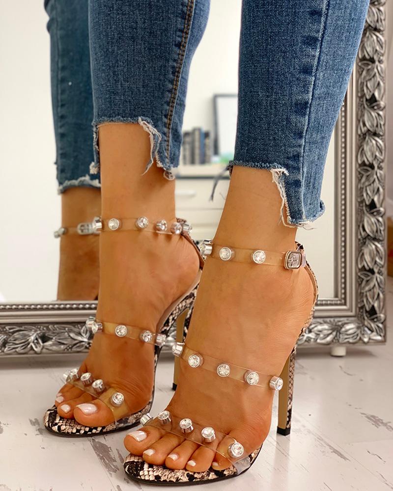 

Snakeskin Print Studded Detail Thin Heels