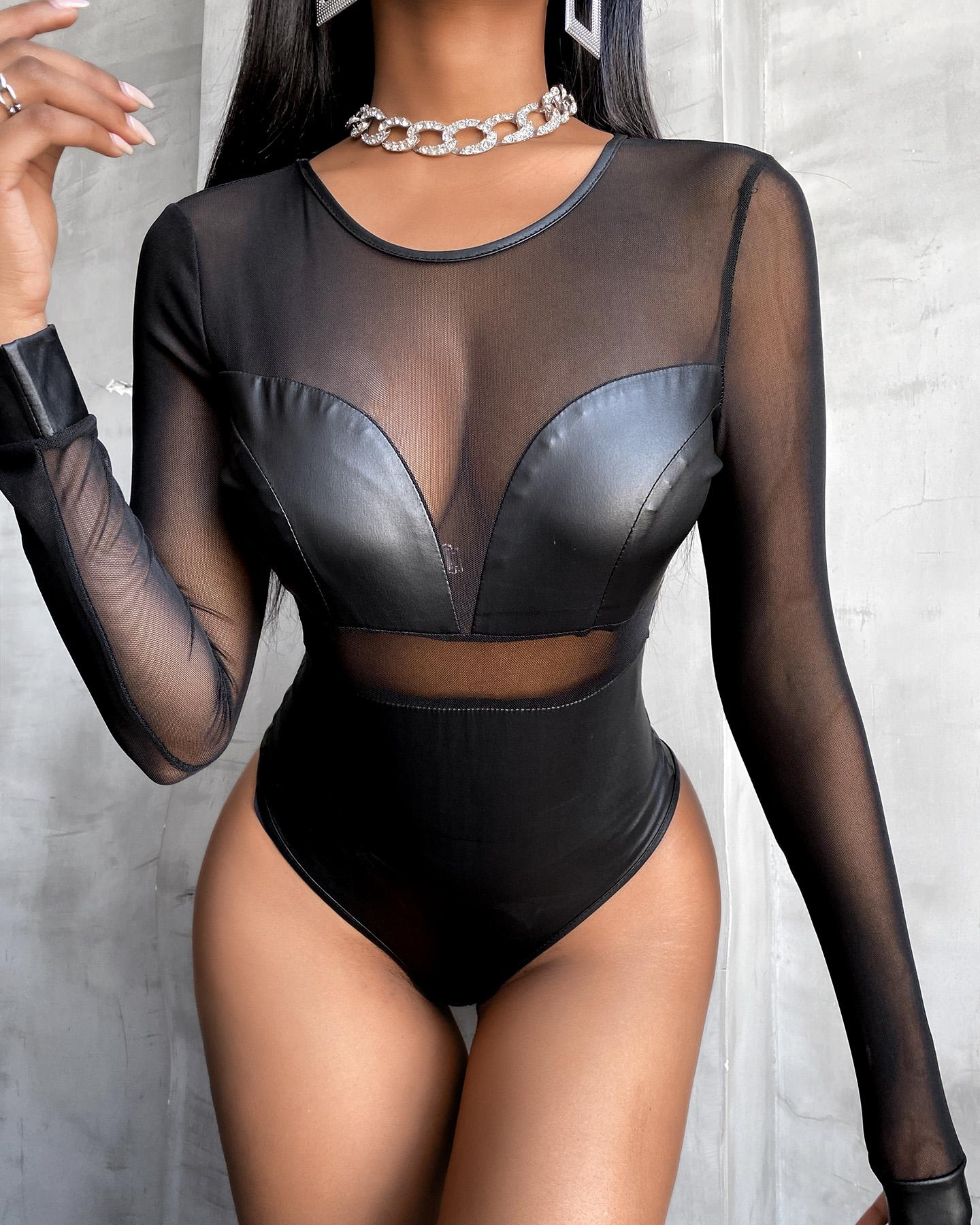 

Sheer Mesh Long Sleeve Cutout Backless Bodysuit, Black