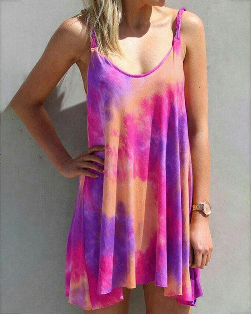 

Tie Dye Print U-neck Casual Dress, Hot pink