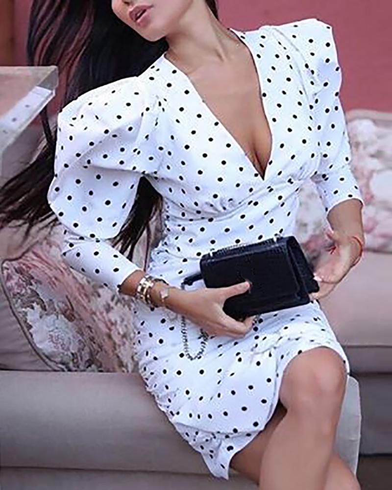 

Dot Leg-of-Mutton Sleeve Midi Dress, White