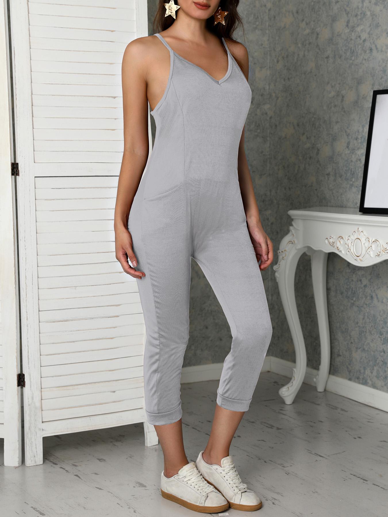 

Solid Racer-Back Loose Slip Casual Jumpsuit