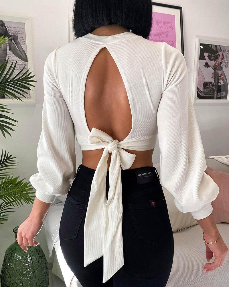 

Plain Lantern Sleeve Tie Detail Backless Crop Top, White
