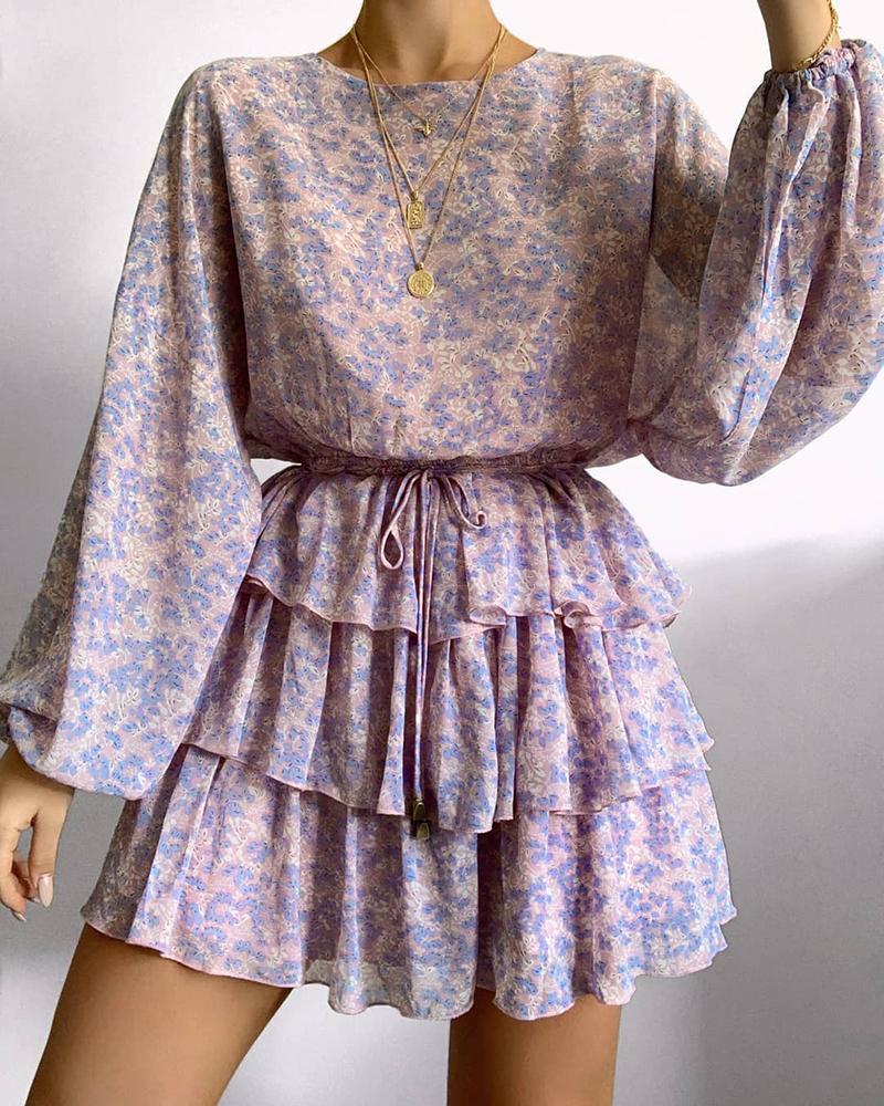 

Ditsy Floral Print Ruffles Shirt Dress, Purple
