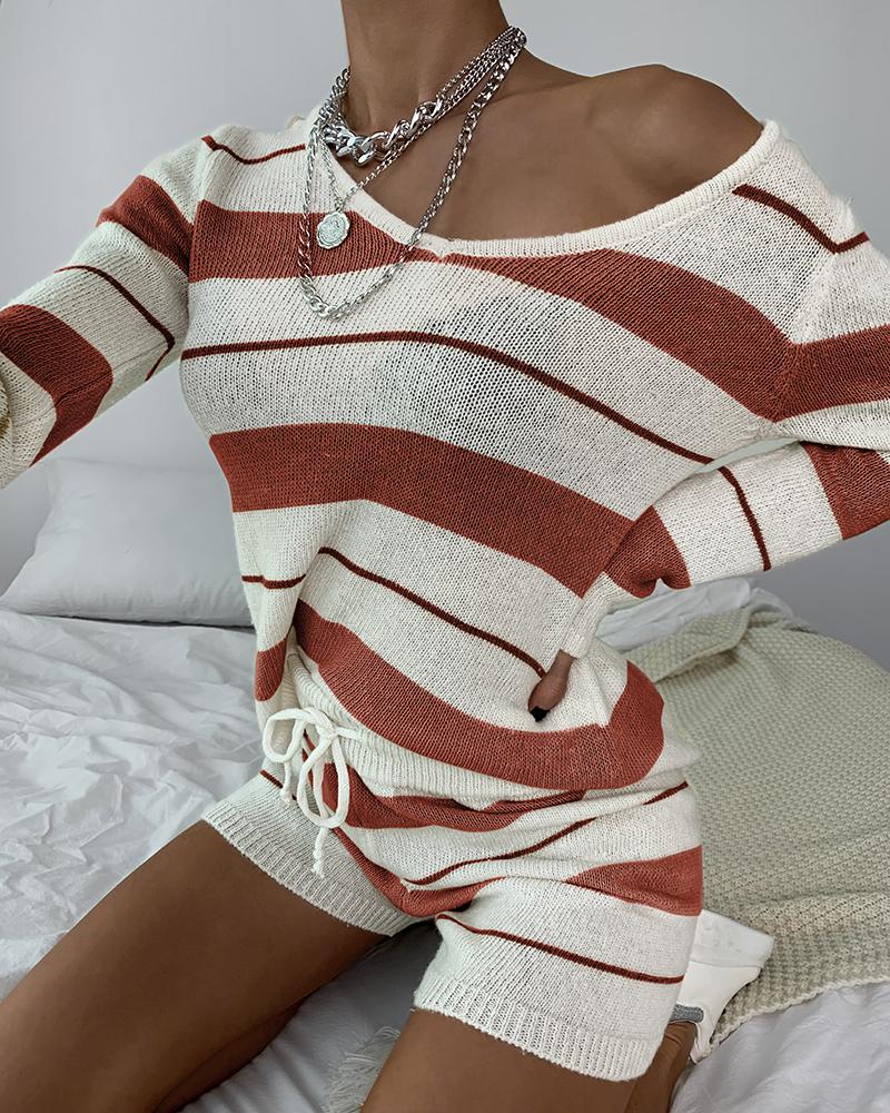

Striped Sweater Shorts Two-piece Sets, Brown