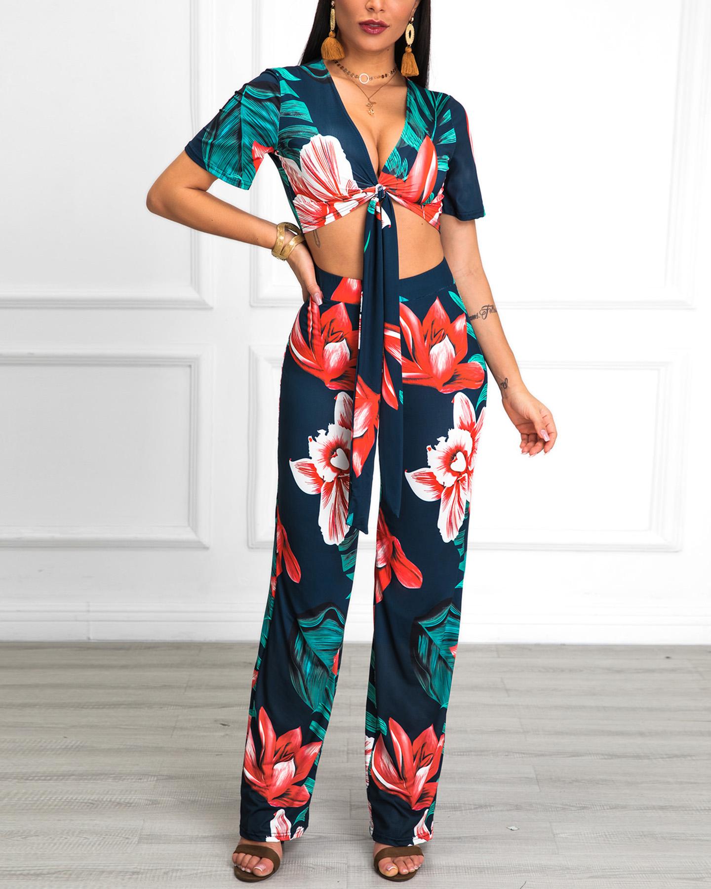 

Floral Print Crop Top With Pants Set, Red