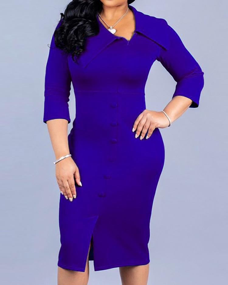 

Turn Down Collar Button Detail Dress, Blue
