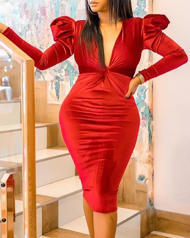

Plunge Twisted Design Puff Sleeve Bodycon Dress