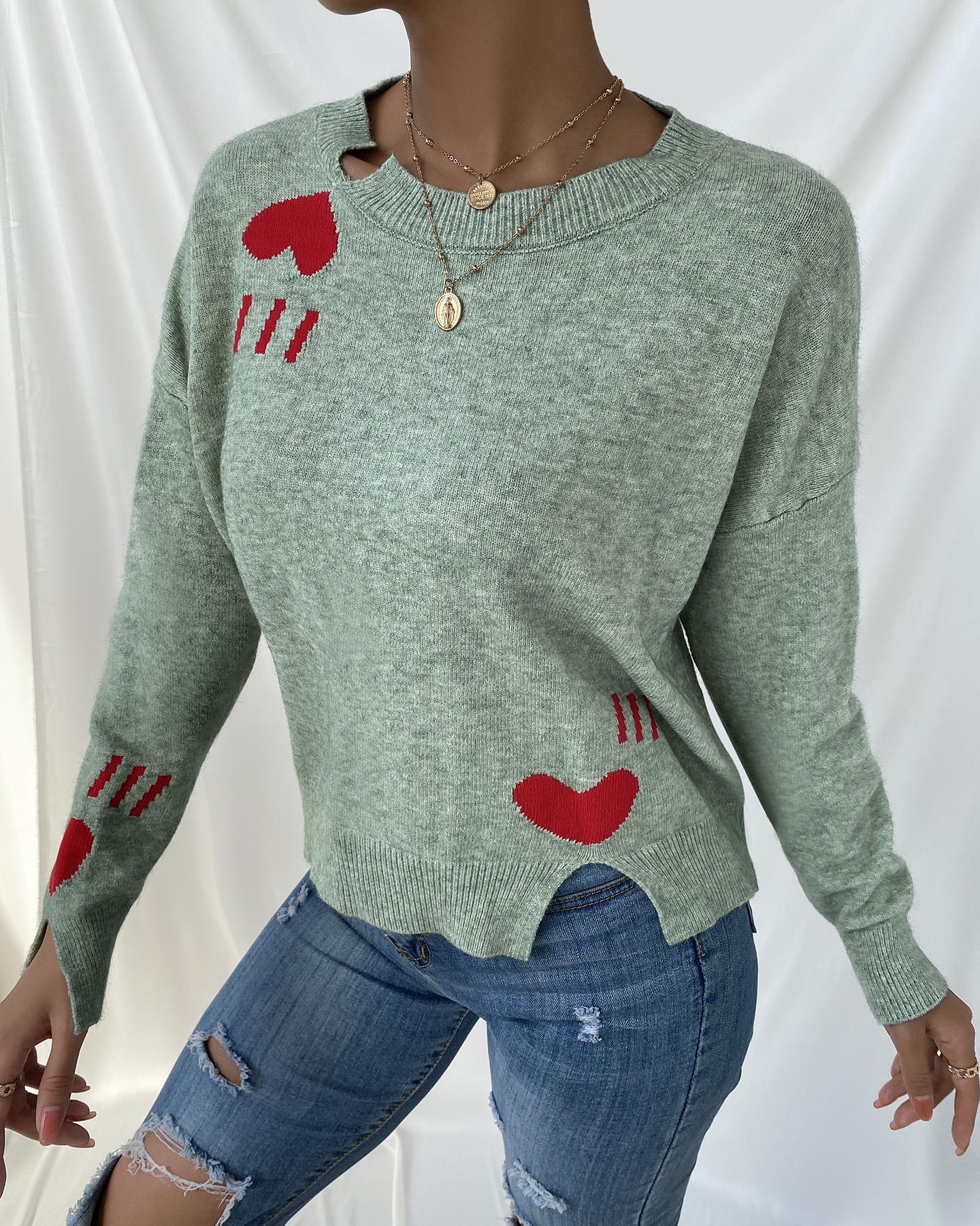 

Heart Print Slit Long Sleeve Knit Sweater, Light green