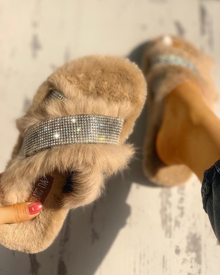 

Shiny Fluffy Embellished Open Toe Mules