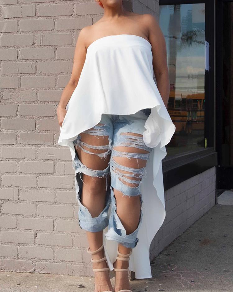 

Strapless Hi-Lo Hem Irregular Solid Top, White