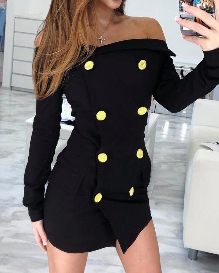 

Double-Breasted Off Shoulder Mini Dress, Black