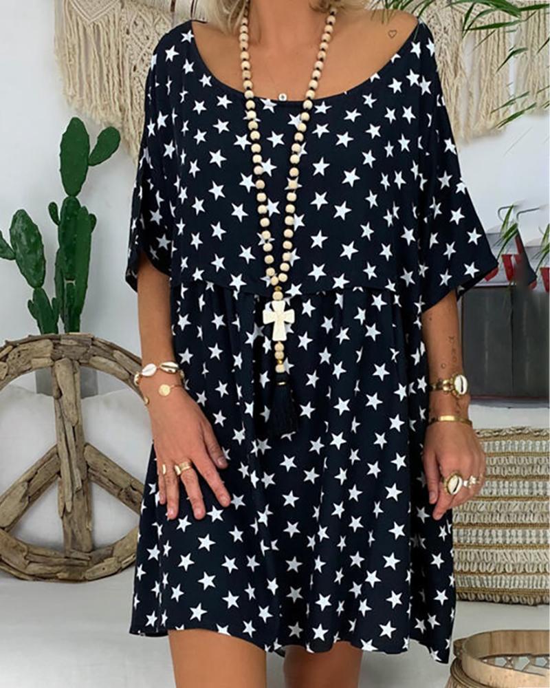 

Stars Print Half Sleeve Casual Dress, Black