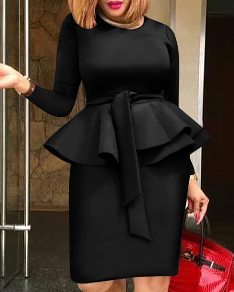 

Solid Round Neck Long Sleeve Ruffles Dress, Black