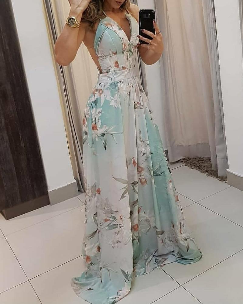 

Floral Print Plunge Spaghetti Strap Maxi Dress, Blue
