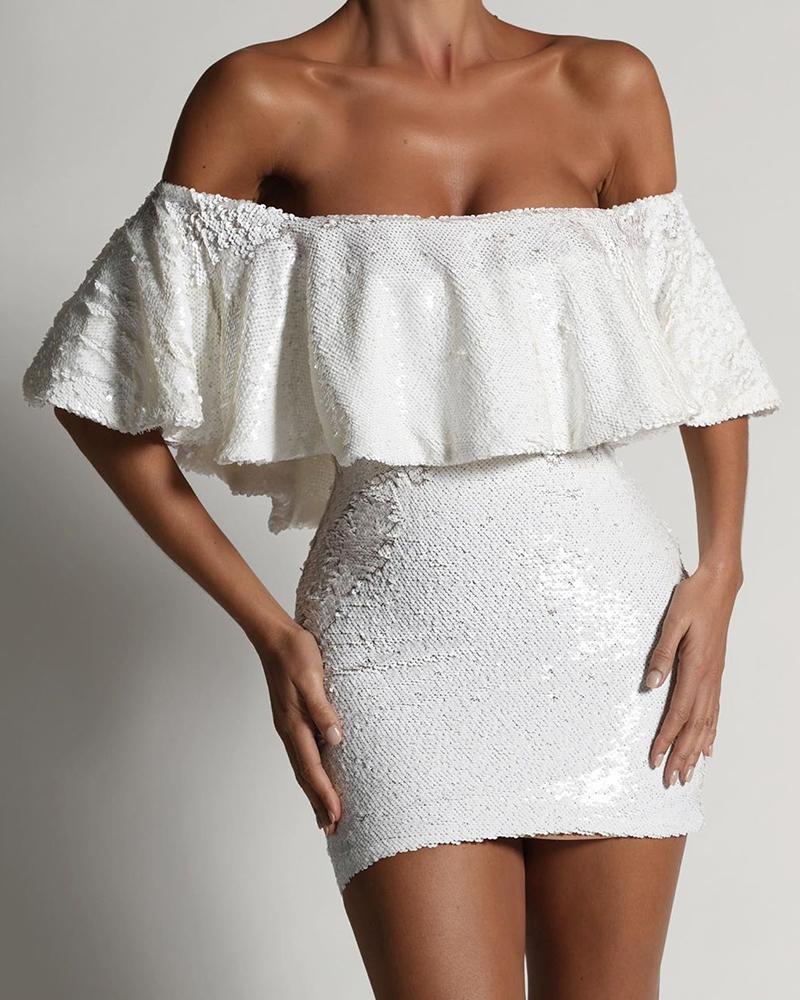 

Sequins Ruffles Design Off Shoulder Dress, White