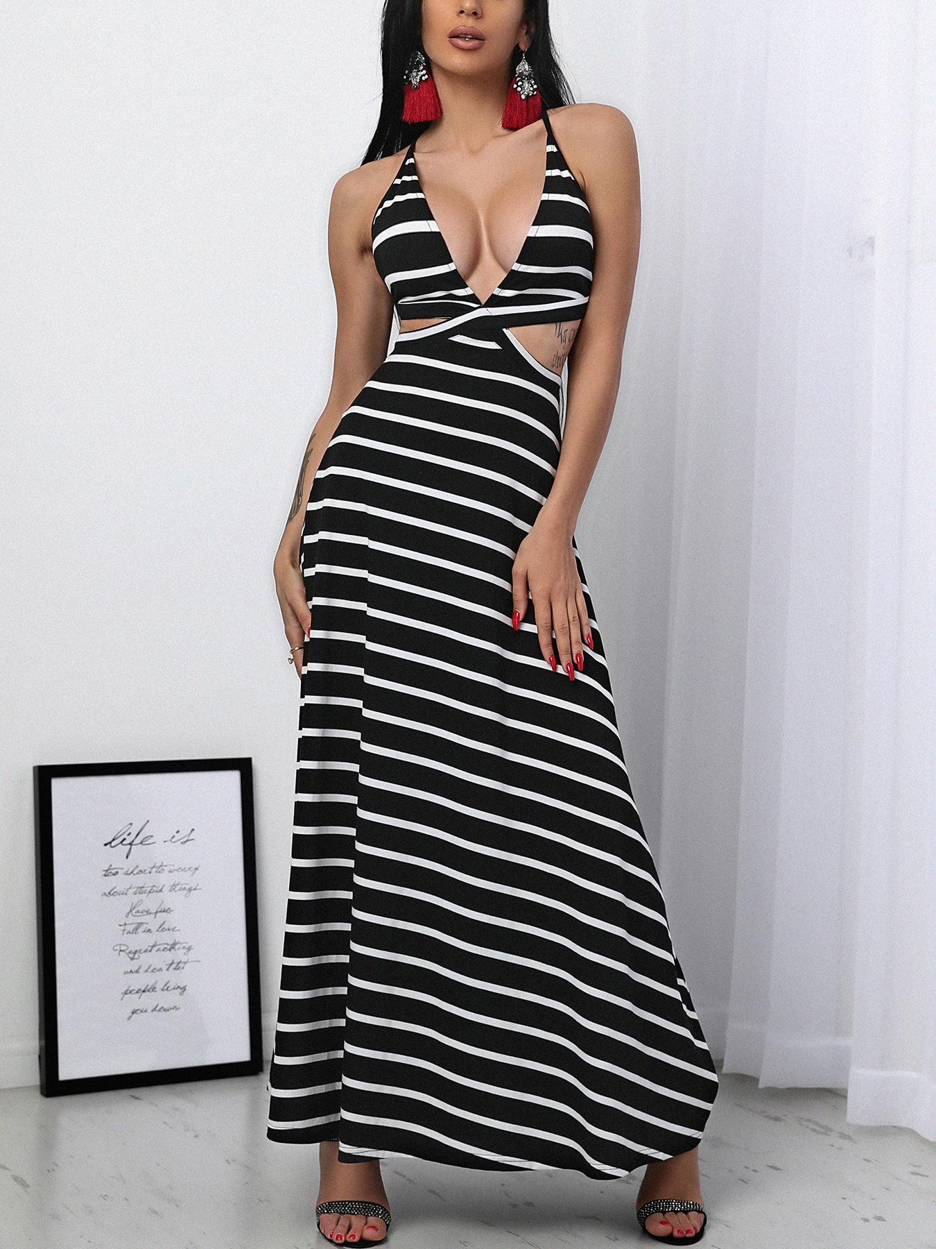 

Low Cut Stripe Cutout Tied Open Back Maxi Dress
