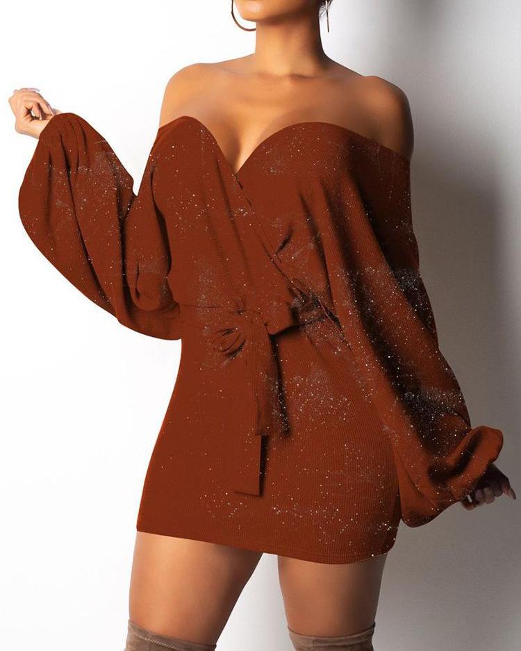

Shiny Off Shoulder Lantern Sleeve Bodycon Dress