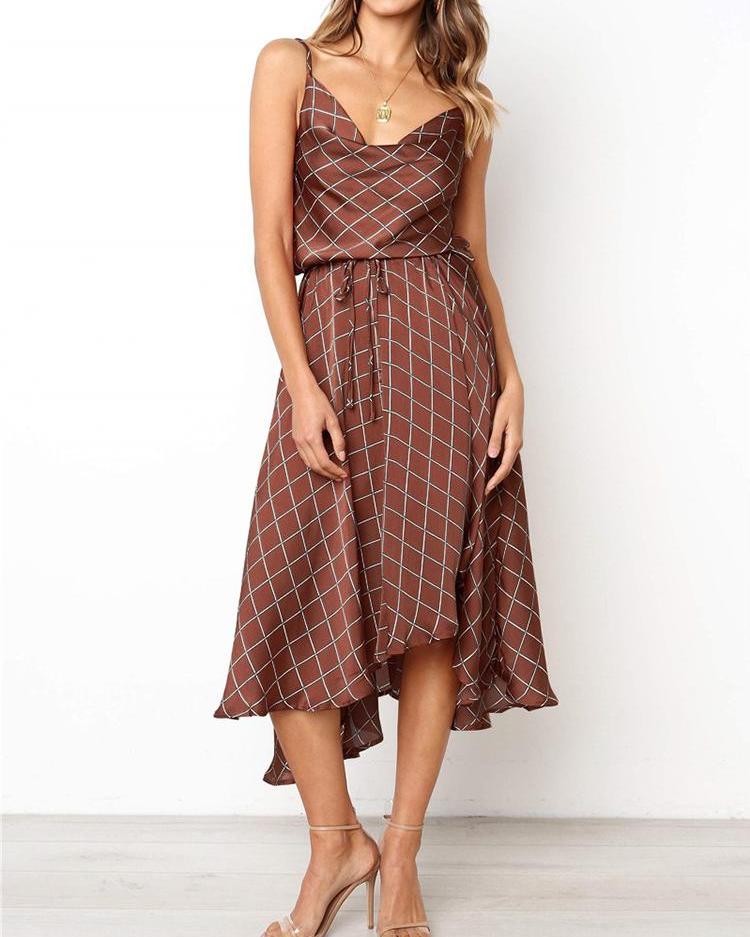 

Plaid Spaghetti Strap Cowl Neck Casual Dress, Wine red