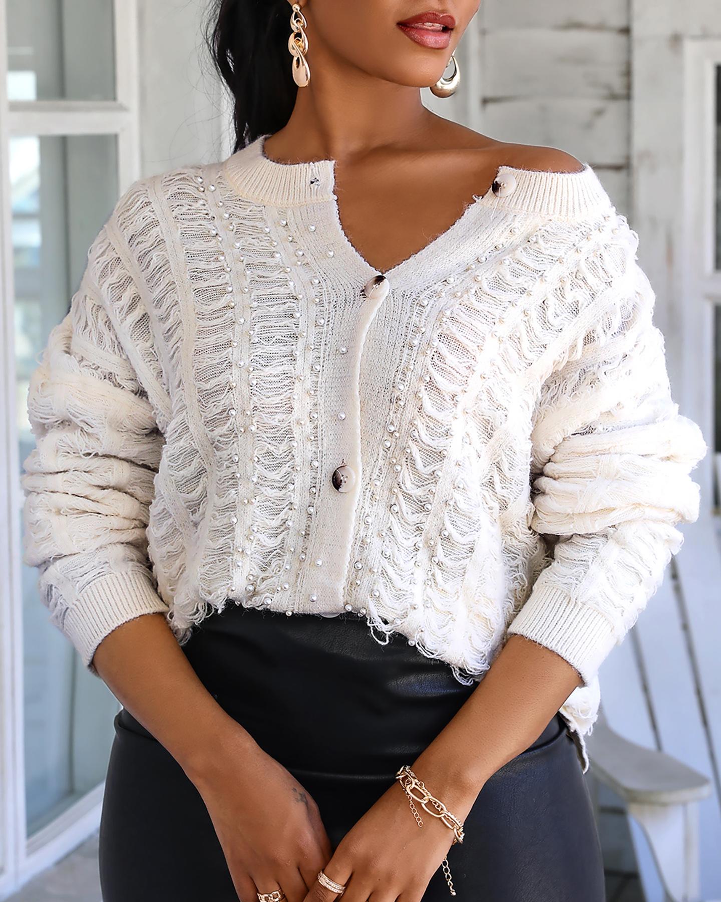 

Beaded Hollow Out Button Front Knit Cardigan, White