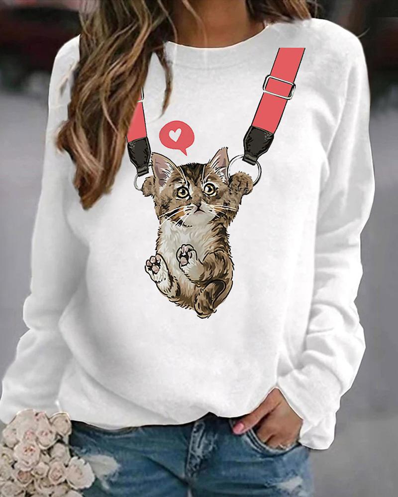 

Cat Print Long Sleeve Pullover Sweatshirt, White