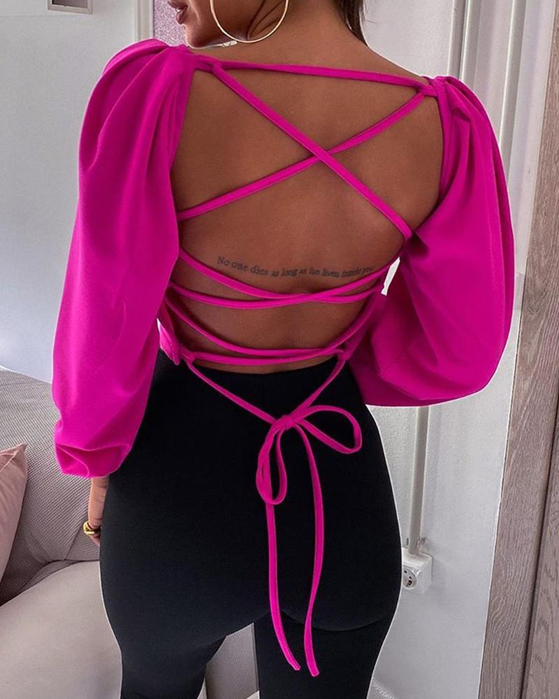

Long Sleeve Open Back Lace Up Blouse, Hot pink