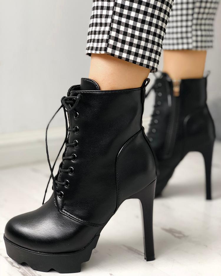 

Solid Lace-Up Side Zipper Thin Heeled Boots