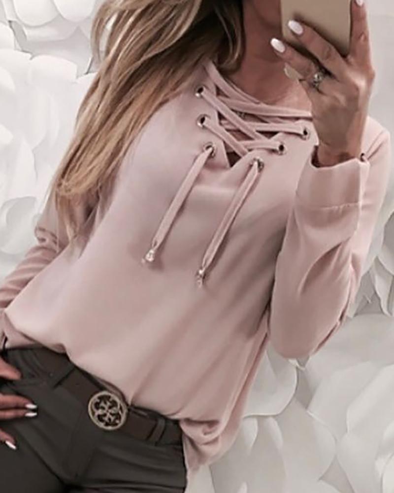 

Eyelet Lace Up Solid Blouse, Pink