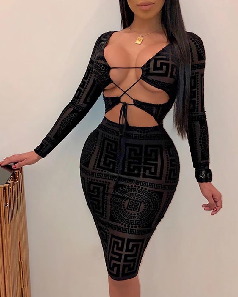 

Mesh Print Long Sleeve Tied Front Bodycon Dress, Black