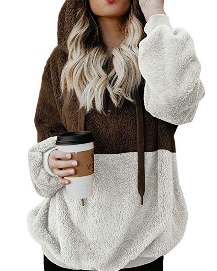 

Contrast Color Splicing Fluffy Hooded Blouse, Coffee