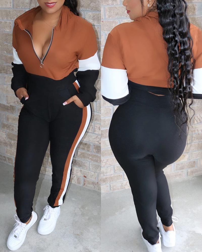 

Colorblock Zipper Striped Top & Pant Sets, Brown