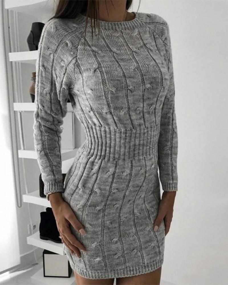 

Solid Long Sleeve Tight Waist Sweater Dress, Gray