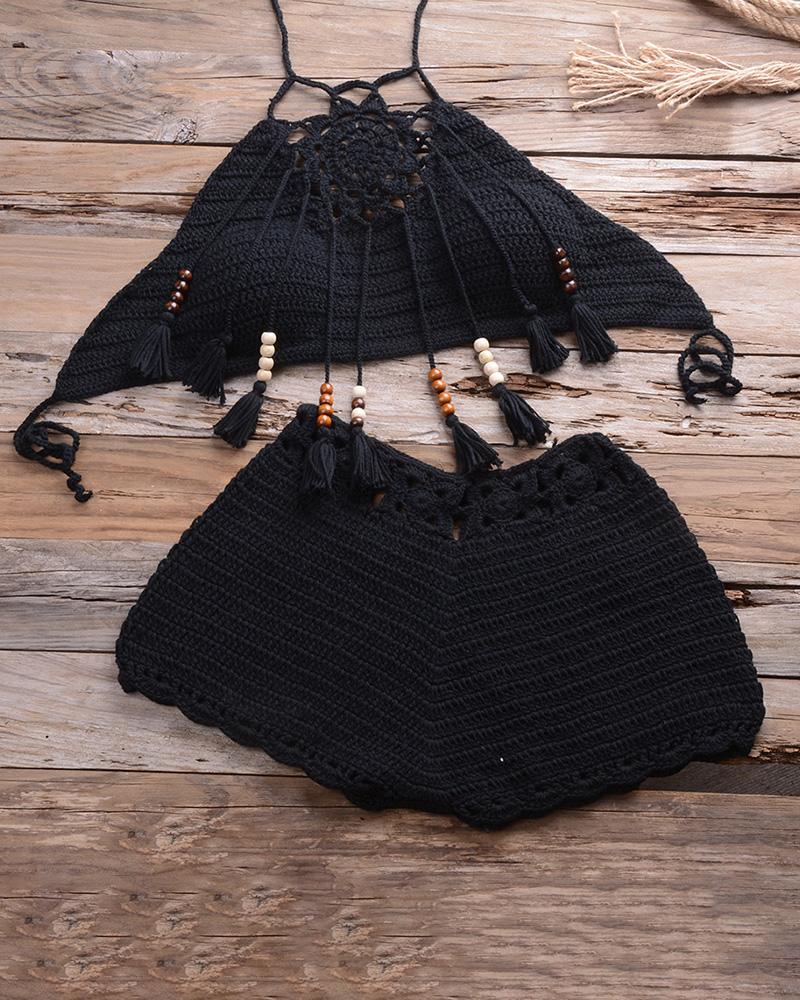 

Hollow Out Bohemian Style Tassel Crochet Tankini Set, Black
