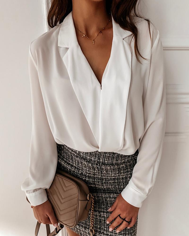 

Turn-down Collar Long Sleeve Blouse, White