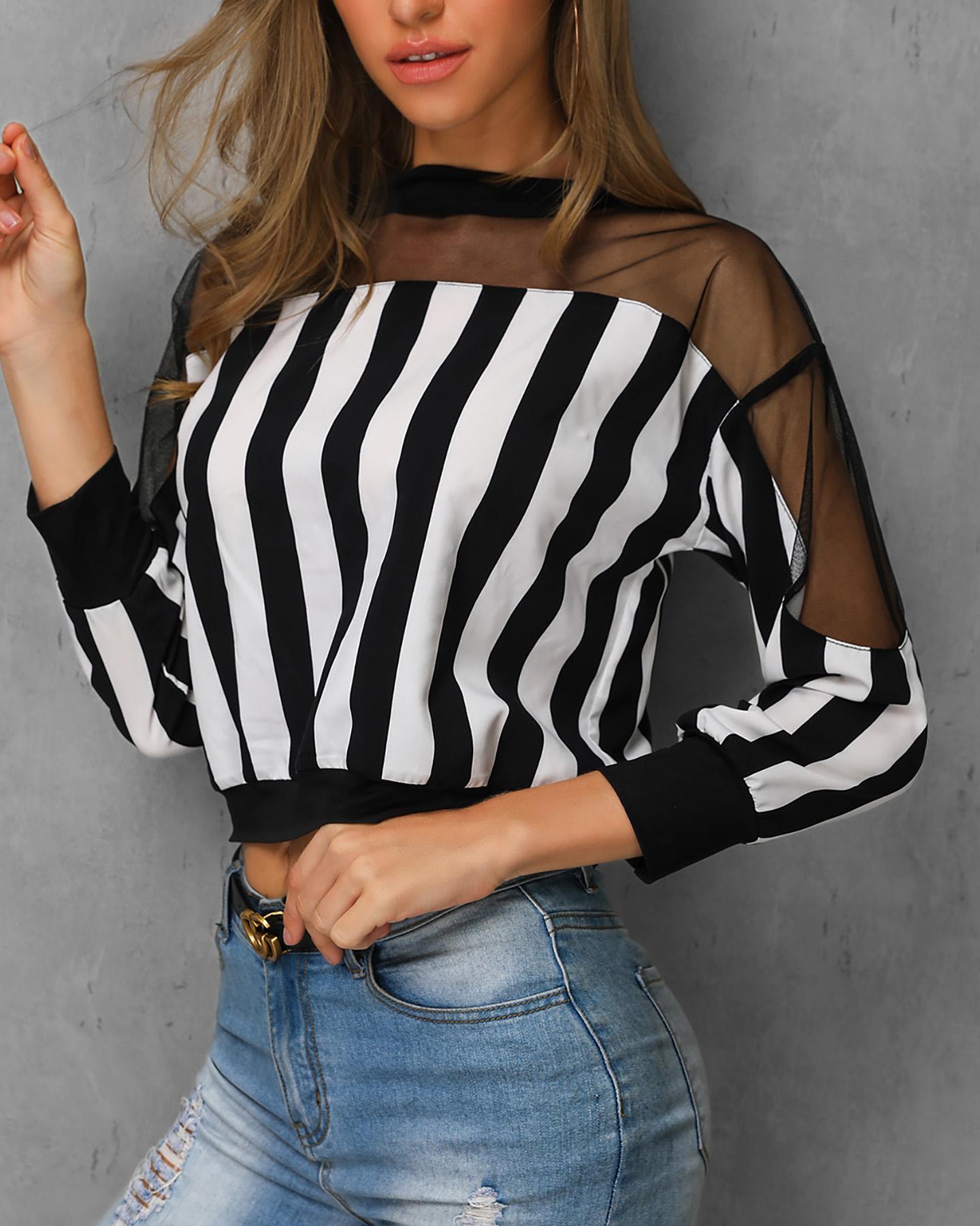 

Striped Mesh Insert Casual Blouse