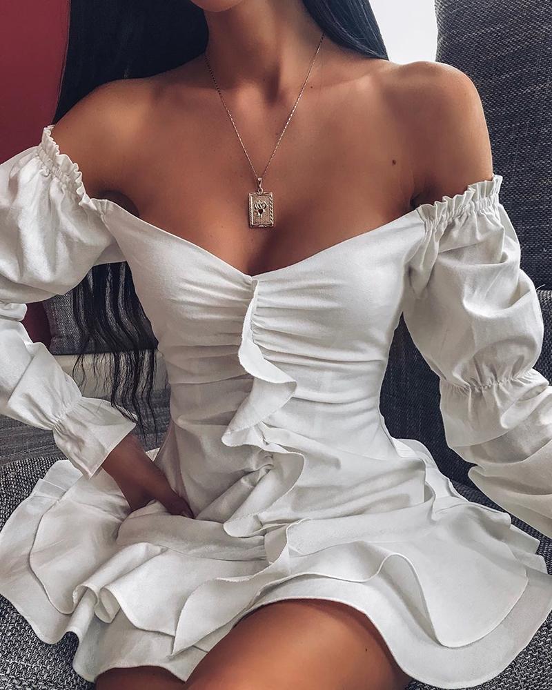 

Off Shoulder Ruffle Sleeve Layered Dress, White