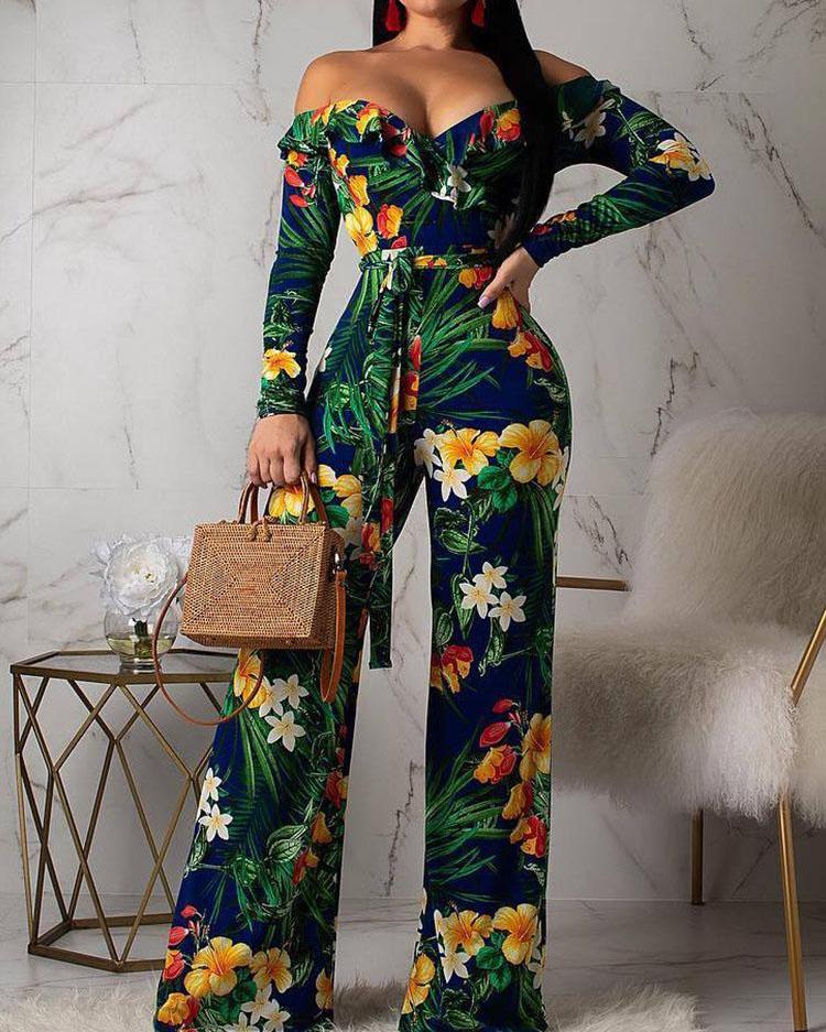 

Off Shoulder Floral Print Belted Jumpsuit