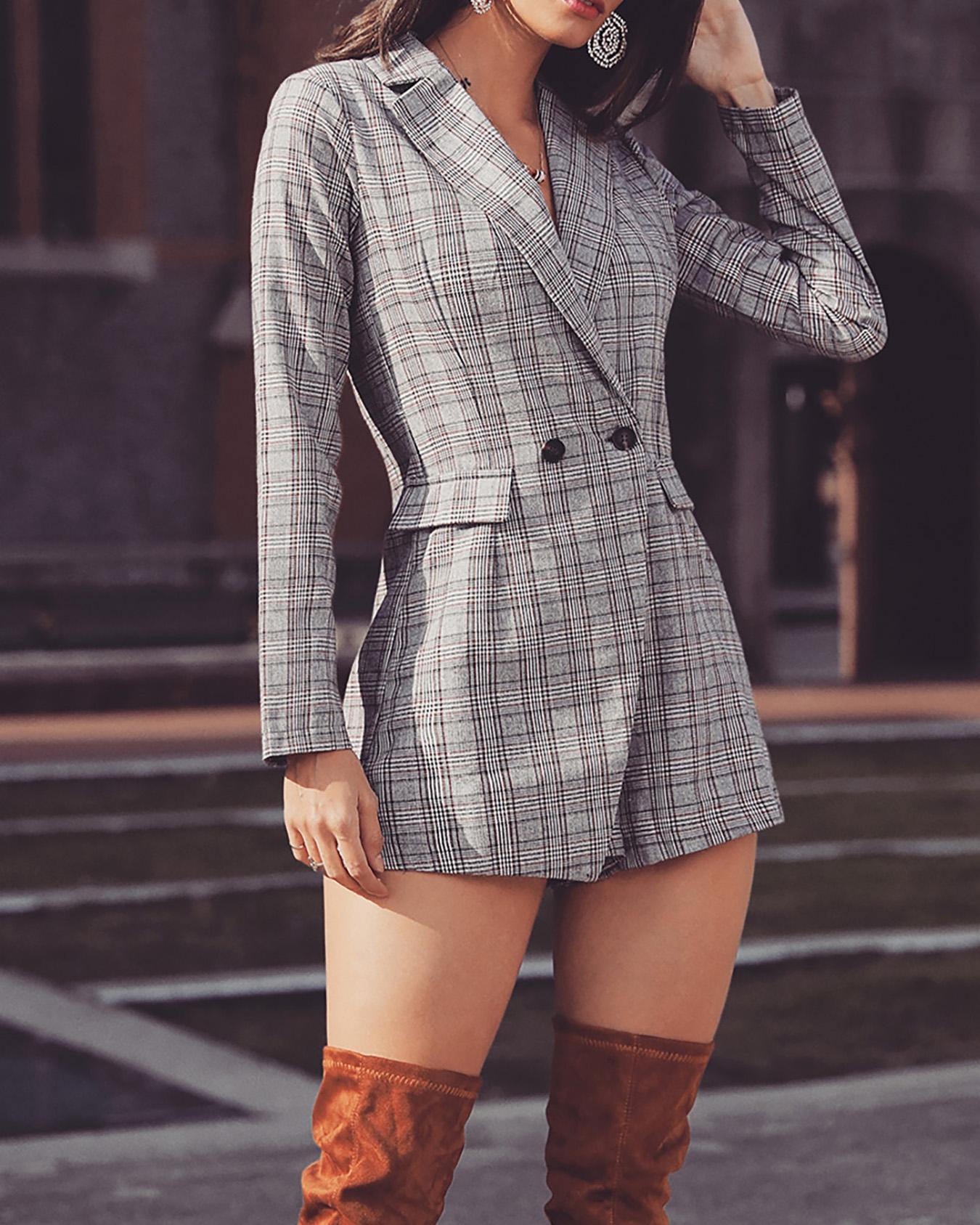 

Plaid Print Wrap Plunge Button Design Romper, Gray