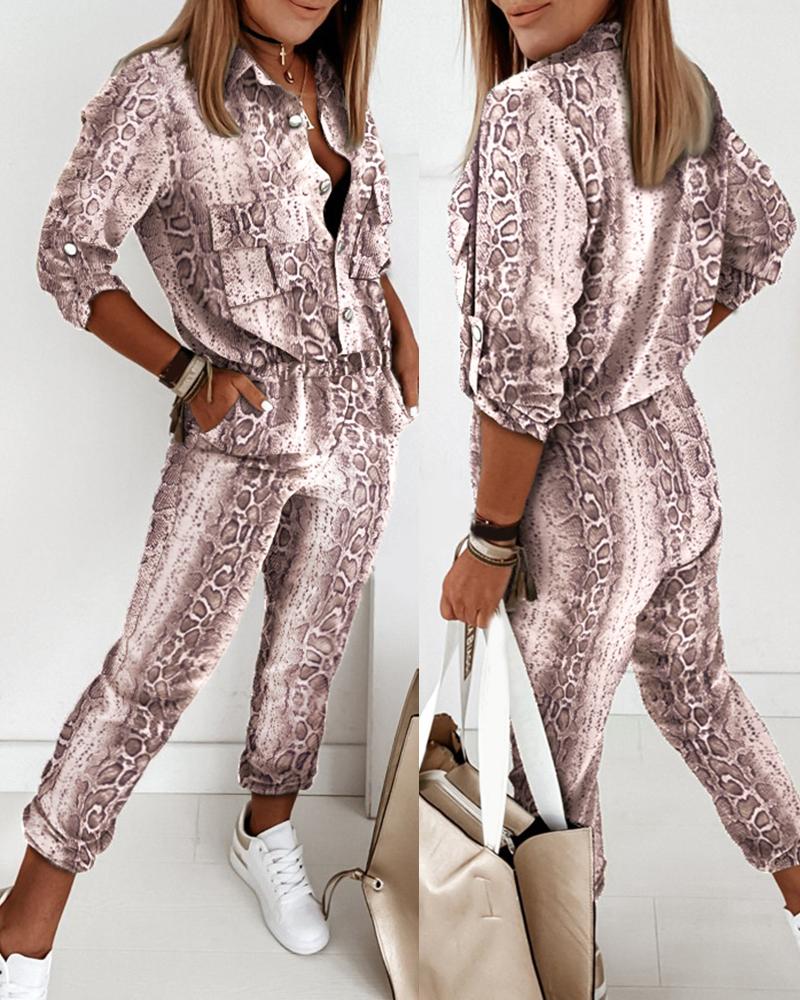 

Snakeskin Print Buttoned Pocket Design Jumpsuit